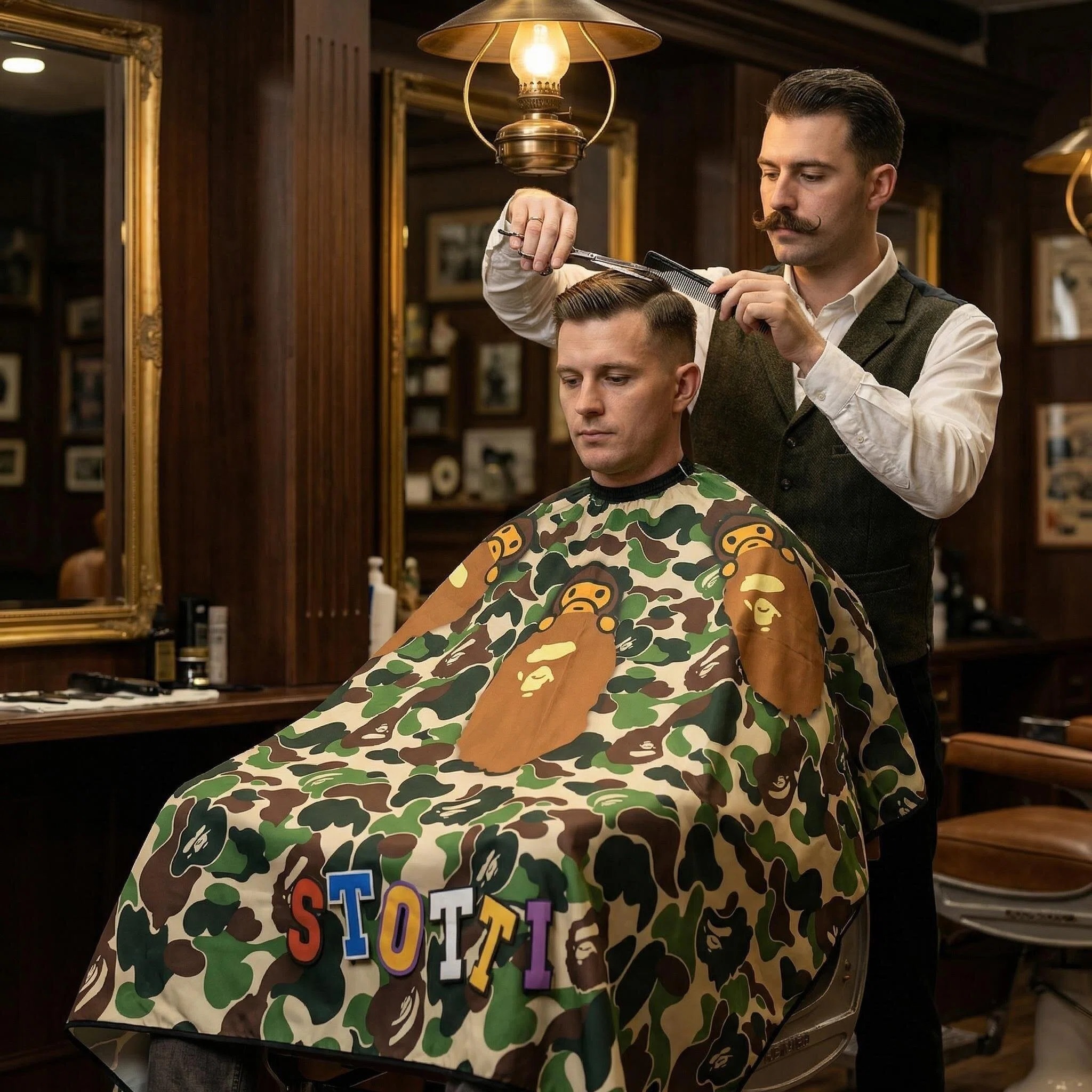 Printed barber cape in use