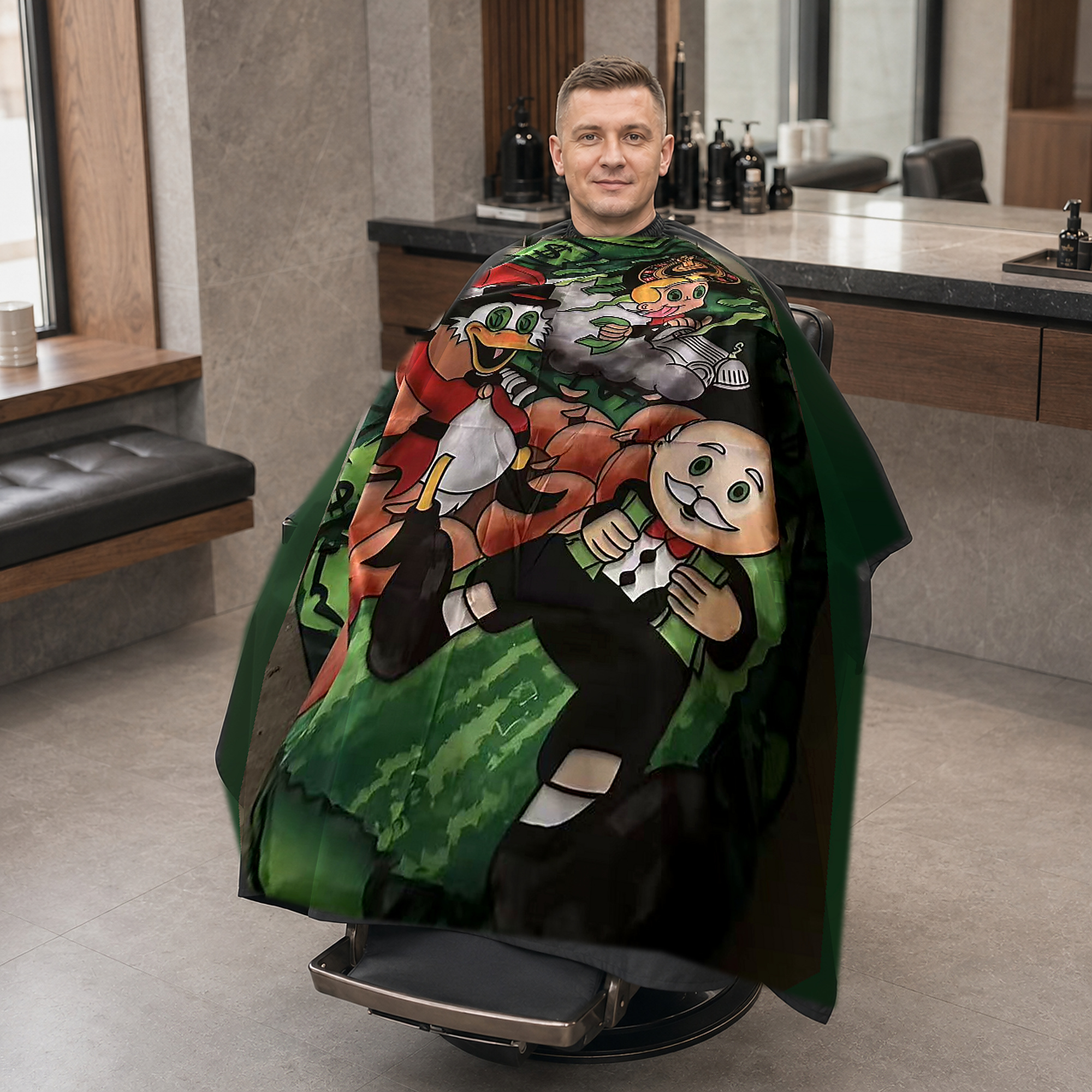 Professional barber cape displayed in a modern barbershop